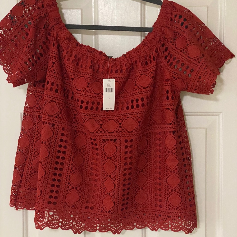 Sunday in Brooklyn off the shoulder crimson lace top.
